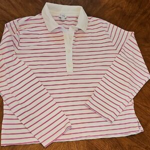 J Crew Sz L Pink White Striped Polo Classic Prep Preppy Old Money
